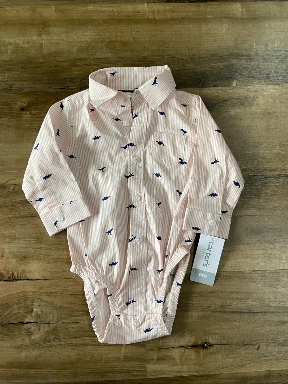 Carter's Pink Striped Button-Front Bodysuit with Navy Dino Motif